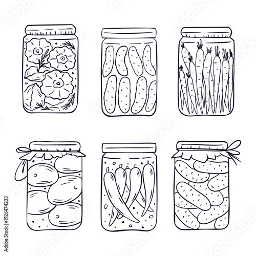 Hand drawn vector set of glass jars with pickled vegetables. Black and white doodle illustration of carrots, cucumbers, and peppers for food design
