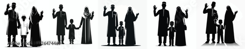 vector silhouette of a Muslim family standing waving their hands
