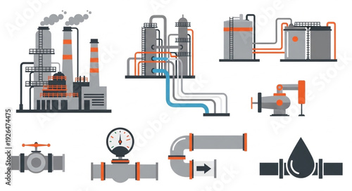 Industrial plant and pipeline infrastructure for oil and gas processing.