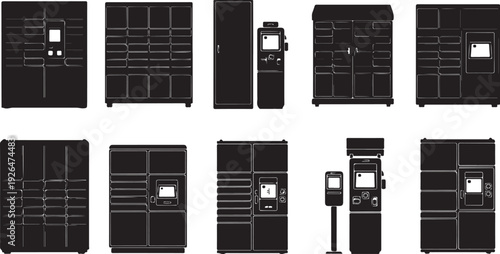 Collection of various black vending machine designs and layouts