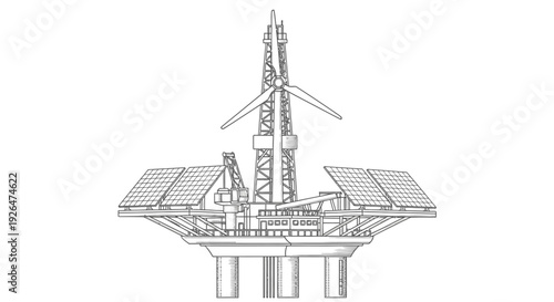 Detailed line drawing of an offshore platform with wind turbine and solar panels for renewable energy generation.