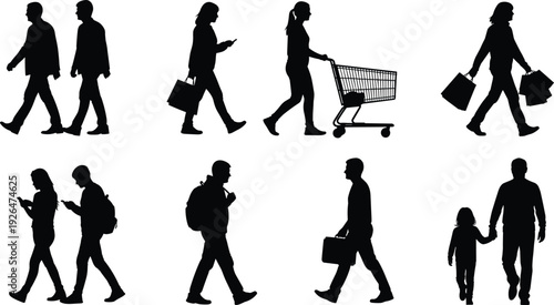Black silhouettes of people walking with bags, phones and shopping carts isolated on white background representing daily life, travel and lifestyle