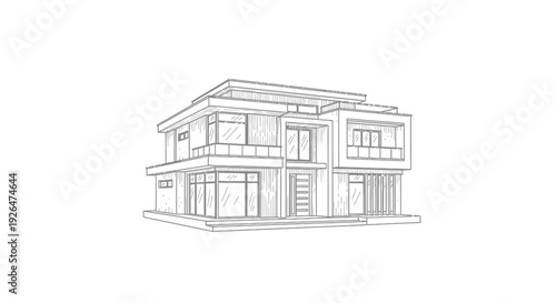 Detailed line drawing of a modern contemporary two-story house with large windows and a flat roof design.