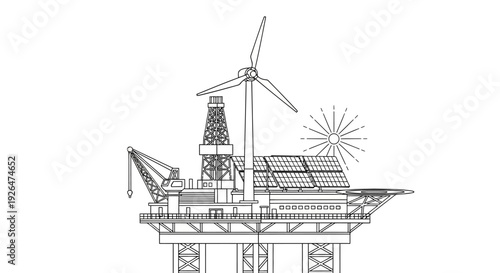 Outline drawing of an offshore oil rig integrated with a wind turbine and solar panels, representing hybrid energy solutions.