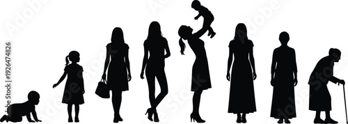 Black silhouettes showing human life stages from baby to elderly isolated on white background representing aging, growth, family and lifecycle concept