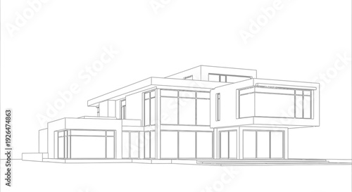 Architectural line drawing of a modern minimalist house with large windows and multiple levels.