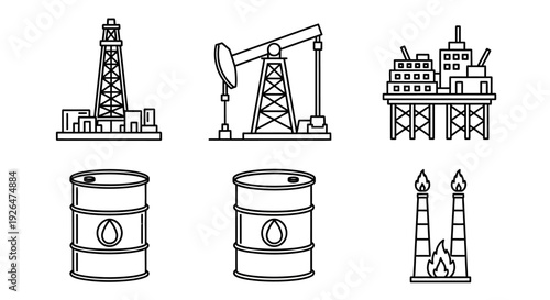 Line art icons depicting various elements of the oil and gas industry, including rigs, pumpjacks, platforms, barrels, and gas flares.