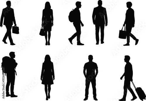 Business and traveler people silhouette collection, men and women walking with bags and backpacks isolated on white
