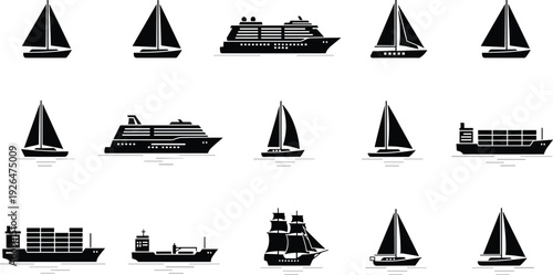 Black and white boat and ship silhouettes collection, sailboats cruise liner cargo vessels maritime transport vector icon set isolated on gray background minimalist style