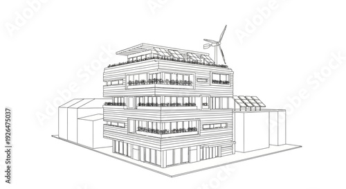 Line drawing of a modern, multi-story building with solar panels and a wind turbine on the roof, showcasing sustainable architecture.