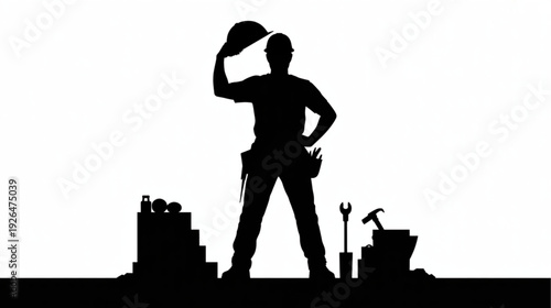 Silhouette of a male construction worker with tools vector