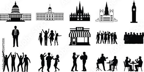 European city landmarks and nightlife people silhouettes collection, architecture buildings crowd party bar musicians, flat vector illustration set