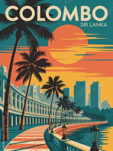 Colombo Sri Lanka Poster, waterfront promenade with checkered walkway retro travel wall art print