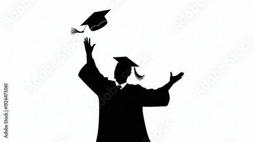 Black silhouette of graduate throwing cap in air, vector