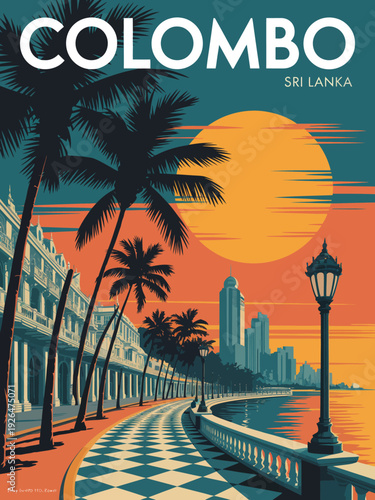 Colombo Wall Art, Sri Lanka coastal promenade with black and white patterned path vintage poster design