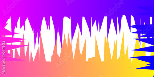 Abstract jagged gradient background. Features sharp, spiky shapes with a vibrant purple, pink, orange, yellow, and blue color transition.