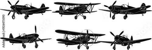 Vintage propeller airplane silhouettes set including classic fighter planes and biplanes for aviation history flight shows military heritage aerospace design and pilot transportation