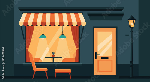 Vector Illustration of Cozy Nighttime Storefront with Warm Interior Lighting and Inviting Atmosphere