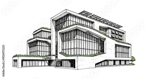 Architectural sketch of a modern building with green roofs and solar panels.