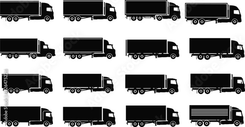 Cargo delivery truck silhouettes set, box trailer lorry collection, commercial freight transport vehicles vector isolated illustration