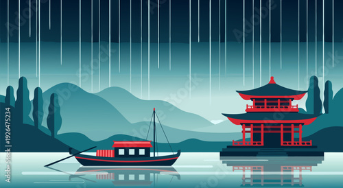 Tranquil Traditional Chinese Boat with Red Roof Near Pagoda on Calm Lake - Vector Illustration of Serene Natural Landscape