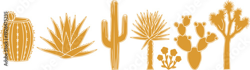 The golden-yellow hue of the silhouettes evokes feelings of warmth, sunlight, and the arid climate typically associated with desert environments. This color choice can create a sense of vibrancy