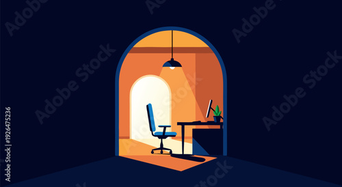 Modern Minimalist Office Illustration with Desk, Chair, Monitor, and Arched Entrance in Warm Orange Space