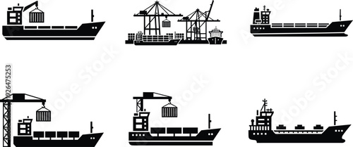 Cargo ship and container port crane silhouettes with freighter vessel harbor terminal loading operations black vector maritime transport isolated set