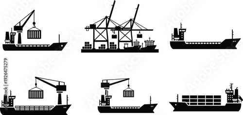 Cargo ship and port crane silhouettes set with container loading harbor terminal and freighter vessel black vector maritime transport isolated