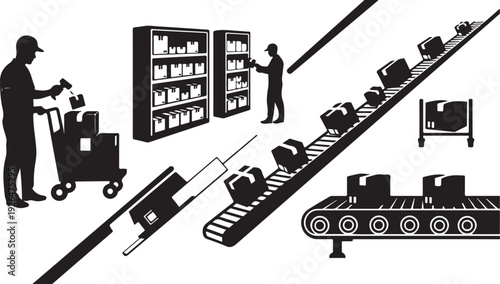Warehouse Workers on Assembly Line with Conveyor Belt System