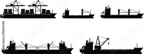 Cargo ship silhouettes collection with container crane vessel bulk carrier freighter and industrial maritime transport black vector isolated set