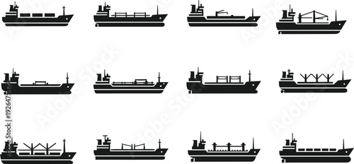 Cargo ship silhouette set, tanker, bulk carrier and crane freighter vessels, maritime transport commercial shipping industry vector isolated collection