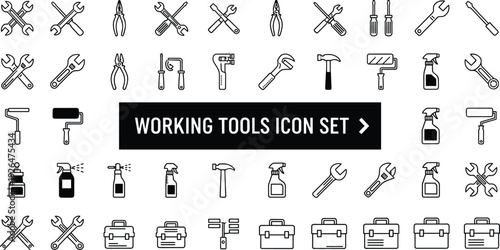 Working tools icon set featuring manual hand equipment like wrenches hammers pliers screwdrivers paint rollers spray bottles and toolboxes for home repair and maintenance