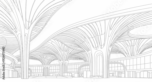 Detailed line drawing of a modern airport terminal interior with unique tree-like columns and a wavy ceiling structure.