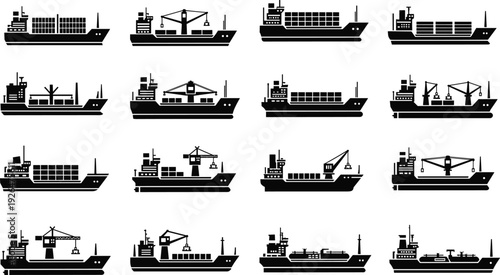 Cargo ship silhouettes collection, container vessels with deck cranes and tankers, maritime transport commercial shipping industry vector isolated set