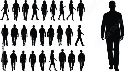 Business people silhouettes collection, walking men and women office professionals isolated on white background black vector illustration set