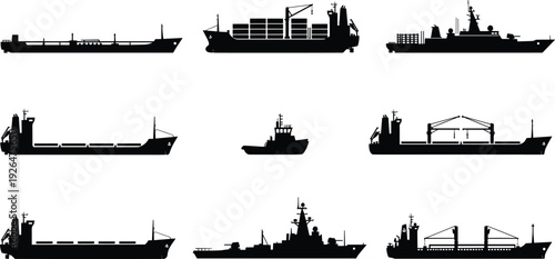 Cargo tanker and naval warship silhouettes collection with container ship crane vessel patrol boat black vector maritime transport set isolated