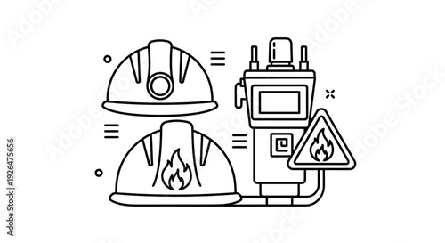 Industrial safety equipment illustration featuring hard hats, a walkie-talkie, and a fire warning sign, representing workplace safety protocols.