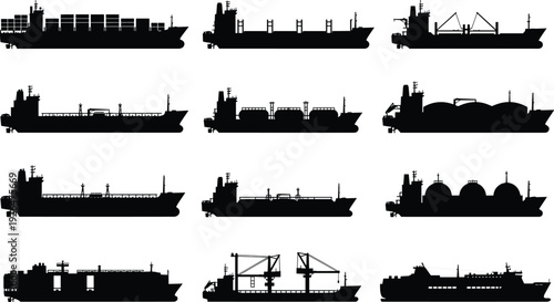 Cargo tanker and industrial ship silhouettes set with container vessel LNG carrier crane freighter maritime transport black vector isolated collection