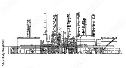 A detailed line drawing of a large industrial oil refinery or chemical plant with multiple towers and pipes.