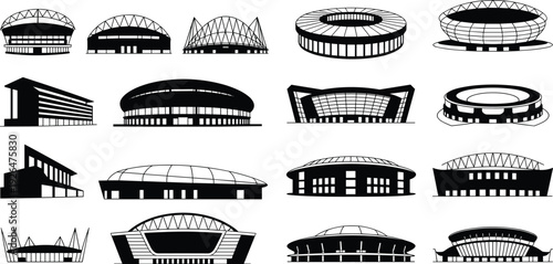 Stadium silhouette vector, sports arena illustration, architectural building icon, dome structure art, event venue design, modern stadium collection set