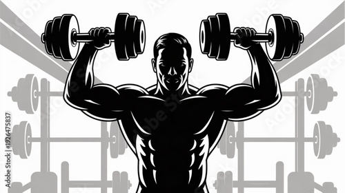 Vector illustration of a muscular man lifting dumbbells