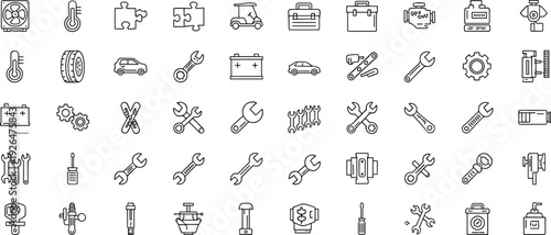 Automotive repair icons set including car maintenance tools wrench gears engine battery tire fan screwdriver toolbox and mechanical silhouette symbols for garage service engineering