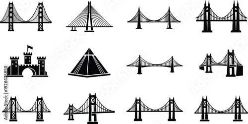 Bridge silhouette set including suspension cable stayed and arched designs with castle and pyramid landmarks for civil engineering travel architecture and urban infrastructure projects