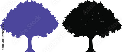The tree on the left is a blue-purple color, while the tree on the right is black. This contrast creates a striking visual dynamic. The blue-purple hue can evoke feelings of calmness, creativity, 