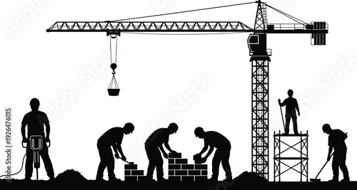 Construction site silhouette featuring tower crane workers laying bricks using jackhammer and standing on scaffolding for building development civil engineering and industrial labor