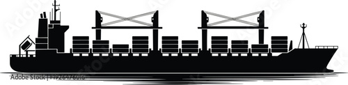 Container cargo ship silhouette with deck cranes, maritime freight transport vessel, commercial shipping industry logistics, ocean trade vector isolated illustration