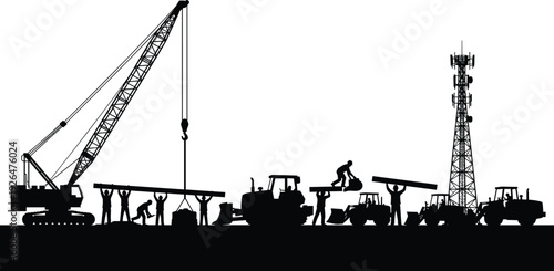 Construction site silhouette featuring mobile crane workers carrying beams telecommunications tower and heavy machinery for urban infrastructure building engineering development project