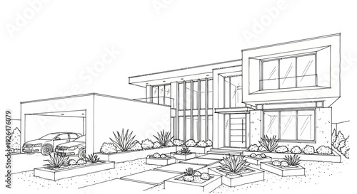 Architectural line drawing of a modern contemporary house with an attached garage and landscaped front yard.