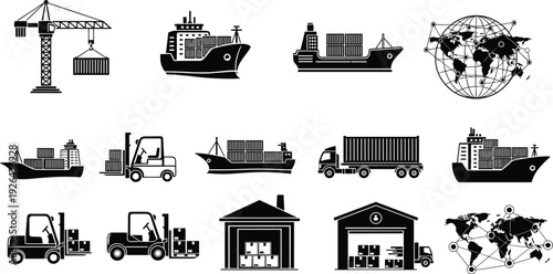 Global shipping and logistics icon set, cargo ship, crane, forklift, warehouse, container truck, world map network vector isolated
